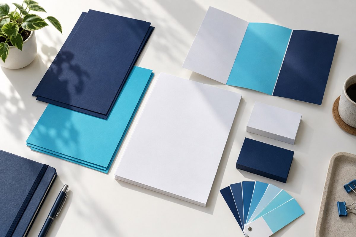 Papelería corporativa en tonos azules