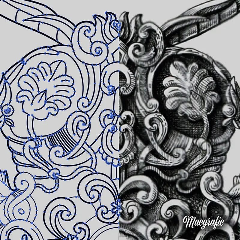 Ilustración de una abeja con ornamentos: a la izquierda los trazos vectoriales dibujados a mano, a la derecha el grabado original