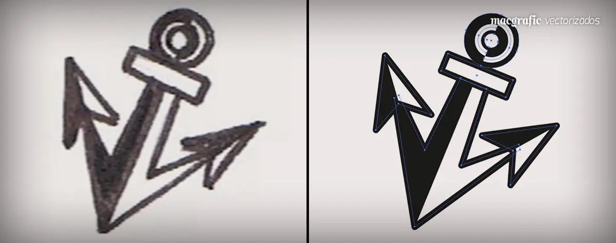 Logotipo de un ancla dibujado a mano, antes y después de vectorizar