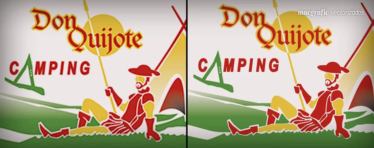 Logotipo de Don Quijote Camping con ilustración a color, antes y después de vectorizar