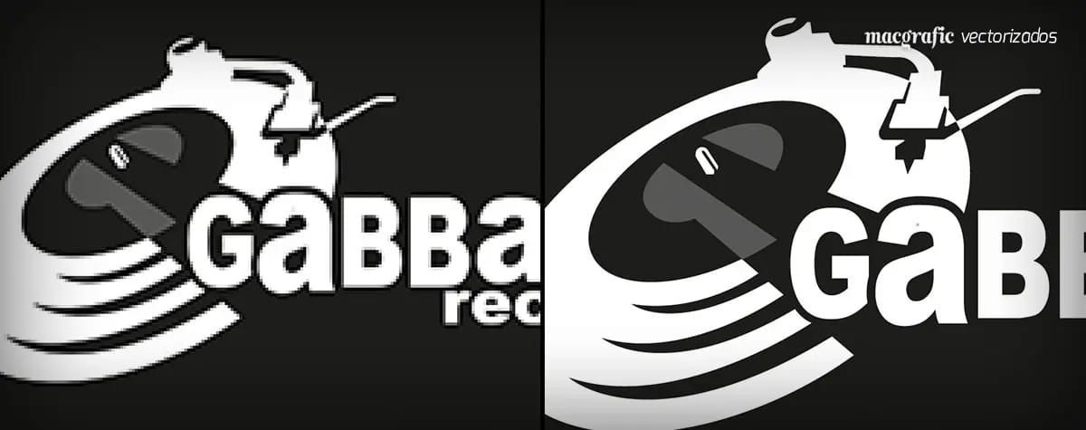 Logotipo de Gabba Records en blanco sobre negro, antes y después de vectorizar