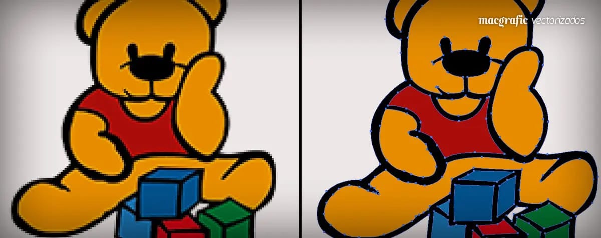 Ilustración de un osito de peluche con bloques, antes y después de vectorizar