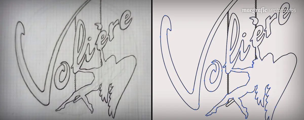 Logotipo Volière dibujado a mano alzada, antes y después de vectorizar